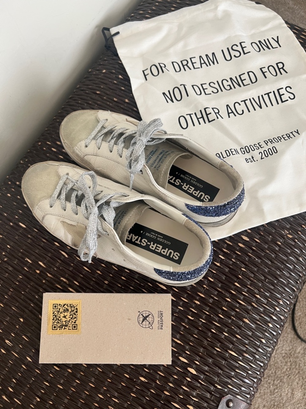 Golden Goose Super-Star Sneakers in Off-White with Blue Heel